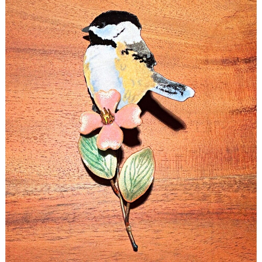 Bovano of Cheshire Handcrafted Signed Enamel Bird & Flower Brass Wall Hang 4 in